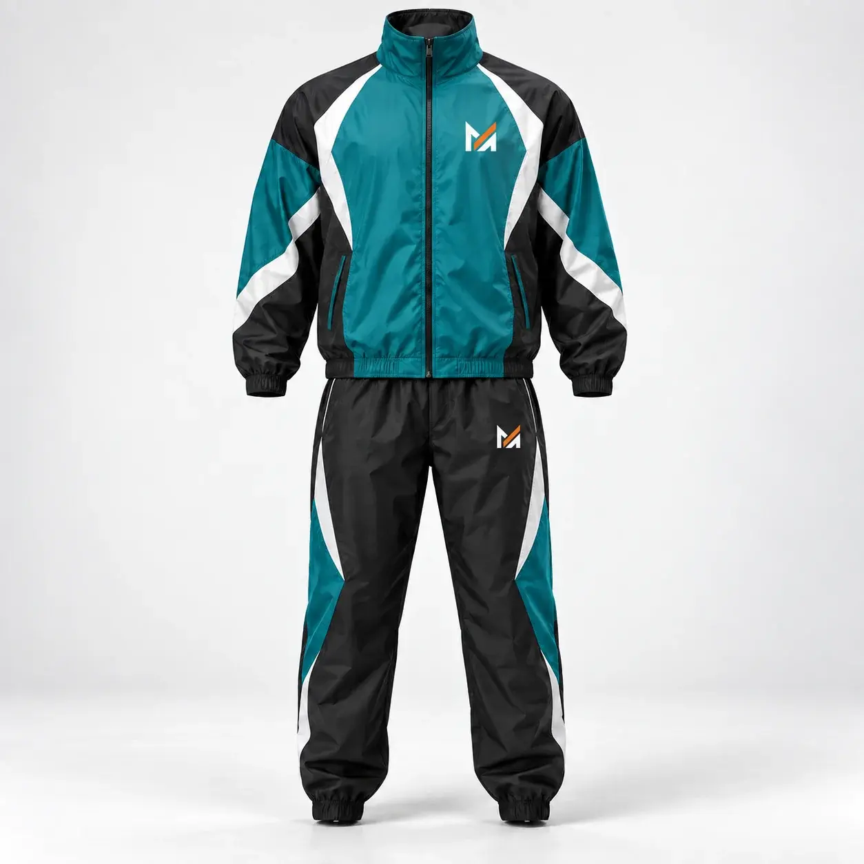 Teal, black, and white windbreaker tracksuit with lightweight shell jacket, matching pants, elastic cuffs, and Mega Apparel logos on the chest and pants.